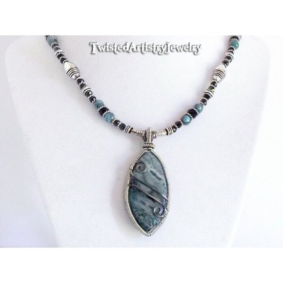 Blue Crazy Lace Agate Wire Wrap Pendant Beaded Necklace One-of-a-Kind Handmade - Picture 2 of 4